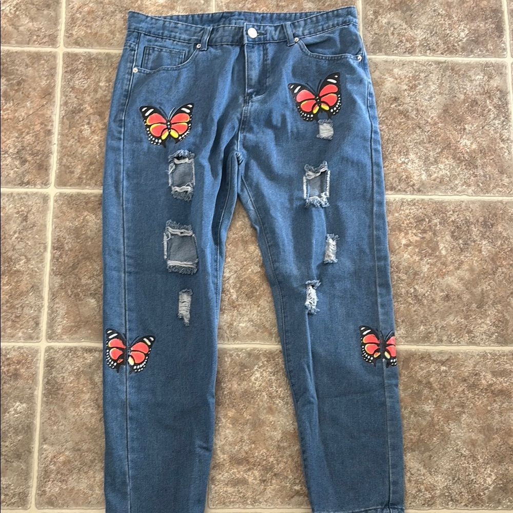 Blue and Red Boyfriend Jeans with Butterfly Embellishments